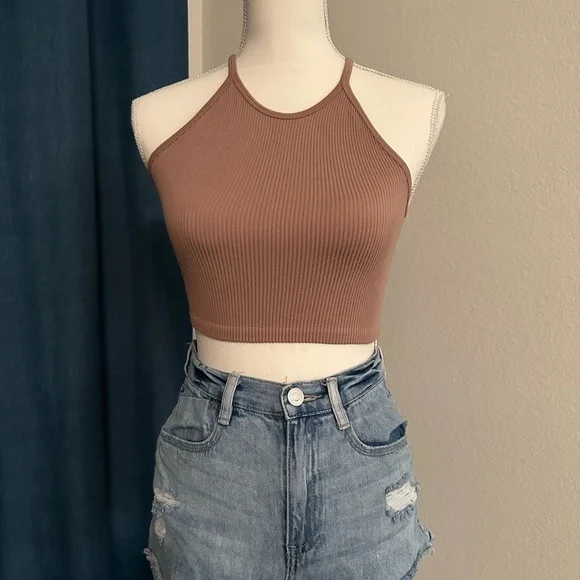 Brown Stretchy Ribbed Seamless High Neck Racerback Crop Top Size Small - Picture 3 of 6